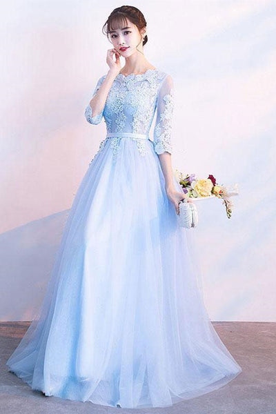 Half Sleeves Blue Lace Long Prom Dresses, Blue Lace Formal Dresses, Blue Evening Dresses