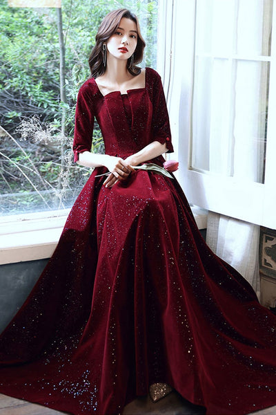 Half Sleeves Burgundy Velvet Long Prom Dresses, Burgundy Velvet Formal Evening Dresses