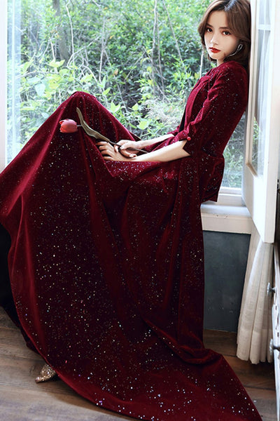 Half Sleeves Burgundy Velvet Long Prom Dresses, Burgundy Velvet Formal Evening Dresses