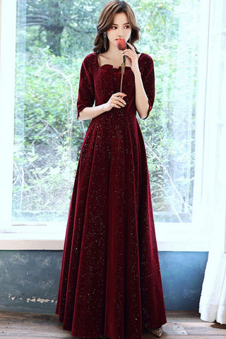 Half Sleeves Burgundy Velvet Long Prom Dresses, Burgundy Velvet Formal Evening Dresses