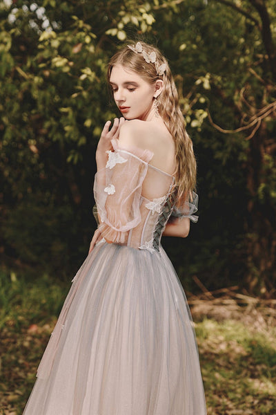 Half Sleeves Champagne Tulle Long Prom Dresses with Lace Appliques, Champagne Lace Formal Dresses, Champagne Evening Dresses