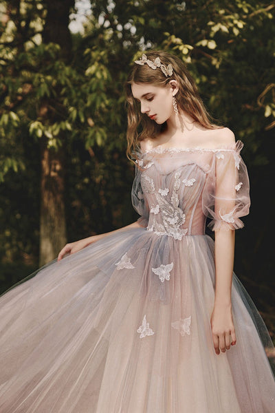 Half Sleeves Champagne Tulle Long Prom Dresses with Lace Appliques, Champagne Lace Formal Dresses, Champagne Evening Dresses