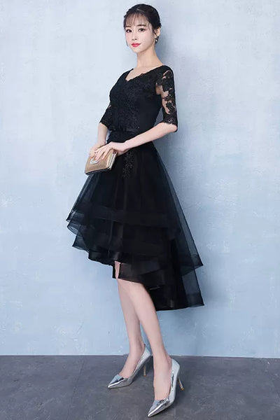 Half Sleeves High Low Black Lace Short Prom Dresses, Black Lace Homecoming Dresses, High Low Black Formal Graduation Evening Dresses WT1010