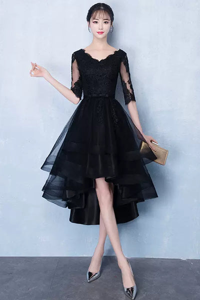Half Sleeves High Low Black Lace Short Prom Dresses, Black Lace Homecoming Dresses, High Low Black Formal Graduation Evening Dresses WT1010