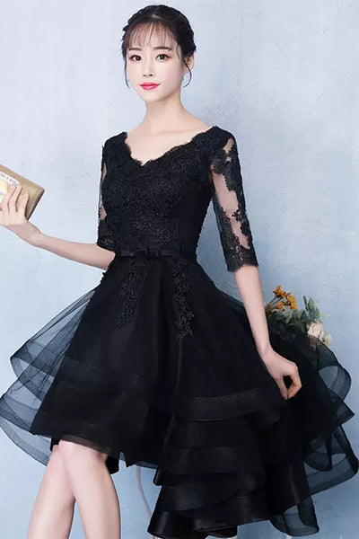 Half Sleeves High Low Black Lace Short Prom Dresses, Black Lace Homecoming Dresses, High Low Black Formal Graduation Evening Dresses WT1010