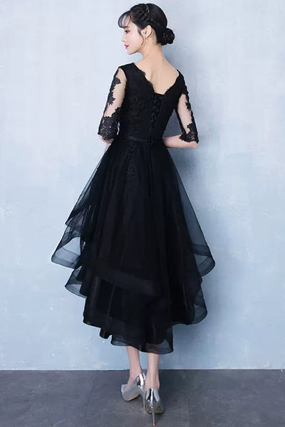 Half Sleeves High Low Black Lace Short Prom Dresses, Black Lace Homecoming Dresses, High Low Black Formal Graduation Evening Dresses WT1010