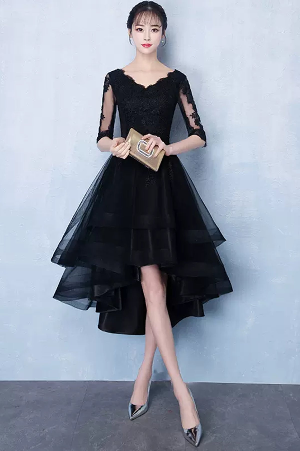 Half Sleeves High Low Black Lace Short Prom Dresses, Black Lace Homecoming Dresses, High Low Black Formal Graduation Evening Dresses WT1010