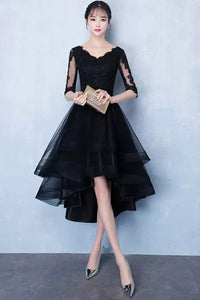 Half Sleeves High Low Black Lace Short Prom Dresses, Black Lace Homecoming Dresses, High Low Black Formal Graduation Evening Dresses WT1010