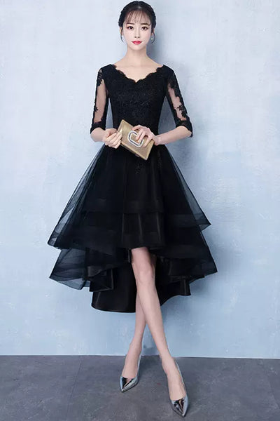 Half Sleeves High Low Black Lace Short Prom Dresses, Black Lace Homecoming Dresses, High Low Black Formal Graduation Evening Dresses WT1010