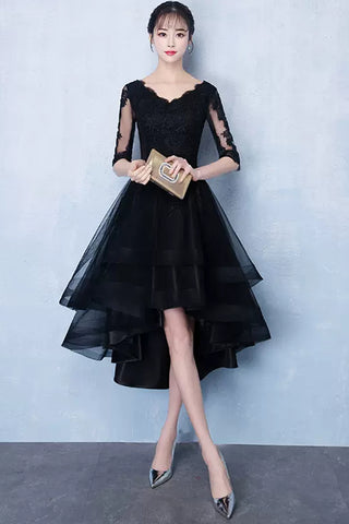 Half Sleeves High Low Black Lace Short Prom Dresses, Black Lace Homecoming Dresses, High Low Black Formal Graduation Evening Dresses WT1010