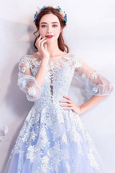Half Sleeves Light Blue Lace Long Prom Dresses, Light Blue Tulle Lace Formal Dresses, Light Blue Evening Dresses
