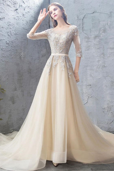 Half Sleeves Open Back Champagne Lace Long Prom Dresses, Champagne Lace Formal Dresses, Champagne Evening Dresses