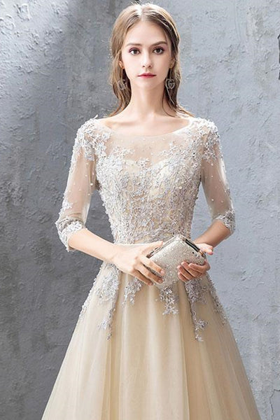 Half Sleeves Open Back Champagne Lace Long Prom Dresses, Champagne Lace Formal Dresses, Champagne Evening Dresses