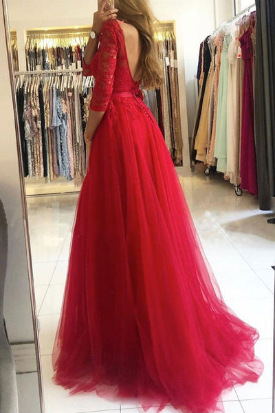 Half Sleeves Open Back Red Lace Long Prom Dresses with High Slit, Red Lace Formal Dresses, Red Evening Dresses