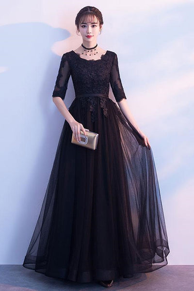 Half Sleeves Round Neck Black Lace Long Prom Dresses, Black Lace Formal Graduation Evening Dresses, Black Bridesmaid Dresses