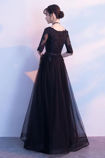 Half Sleeves Round Neck Black Lace Long Prom Dresses, Black Lace Formal Graduation Evening Dresses, Black Bridesmaid Dresses