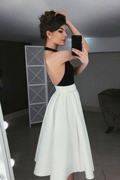 Halter Neck Backless White and Black Short Prom Homecoming Dresses, Black Top Formal Graduation Evening Dresses