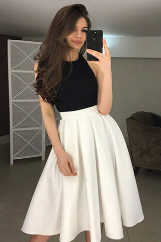 Halter Neck Backless White and Black Short Prom Homecoming Dresses, Black Top Formal Graduation Evening Dresses