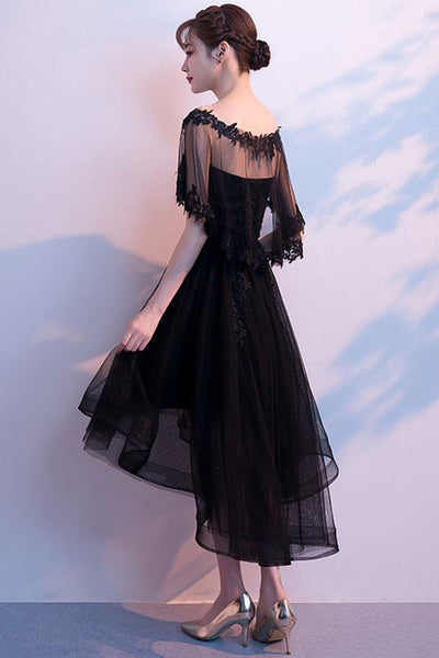 High Low Black Lace Short Prom Dresses, Short Black Lace Formal Evening Dresses, Black Homecoming Dresses