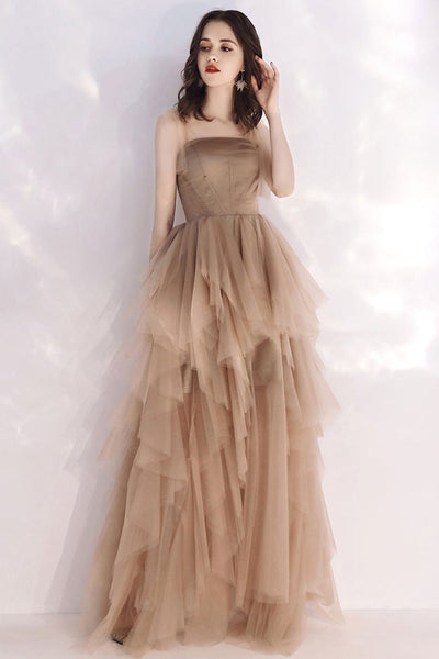 High Low Champagne Tulle Long Prom Dresses, Long Champagne Formal Graduation Evening Dresses