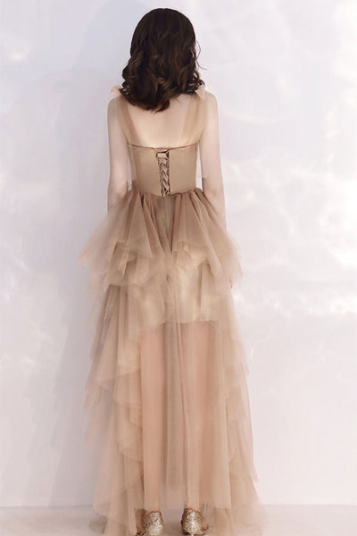 High Low Champagne Tulle Long Prom Dresses, Long Champagne Formal Graduation Evening Dresses