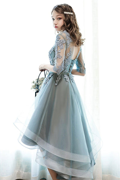 High Low Half Sleeves Lace Short Prom Dresses, High Low Lace Homecoming Dresses, Short Lace Formal Evening Dresses