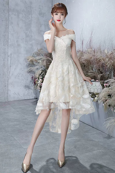High Low Off Shoulder Champagne Lace Prom Dresses, High Low Champagne Homecoming Dresses, Champagne Lace Formal Evening Dresses WT1008