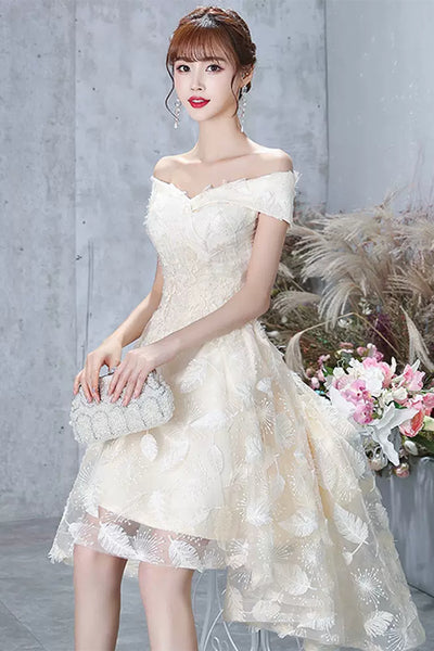 High Low Off Shoulder Champagne Lace Prom Dresses, High Low Champagne Homecoming Dresses, Champagne Lace Formal Evening Dresses WT1008
