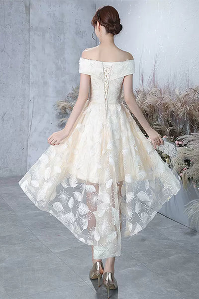 High Low Off Shoulder Champagne Lace Prom Dresses, High Low Champagne Homecoming Dresses, Champagne Lace Formal Evening Dresses WT1008