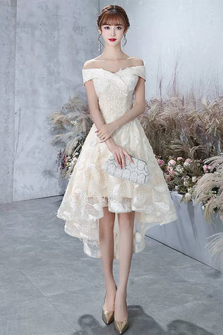 High Low Off Shoulder Champagne Lace Prom Dresses, High Low Champagne Homecoming Dresses, Champagne Lace Formal Evening Dresses WT1008