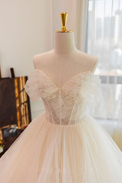 High Low Off Shoulder Champagne Tulle Long Prom Dresses with Train, Off the Shoulder Champagne Formal Evening Dresses