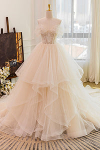 High Low Off Shoulder Champagne Tulle Long Prom Dresses with Train, Off the Shoulder Champagne Formal Evening Dresses