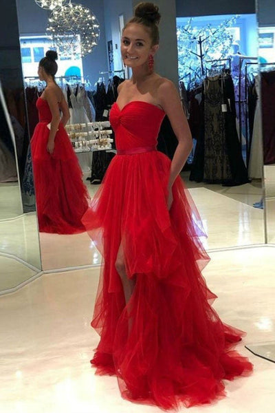 High Low Strapless Champagne Red Tulle Long Prom Dresses, Long Champagne Red Formal Graduation Evening Dresses