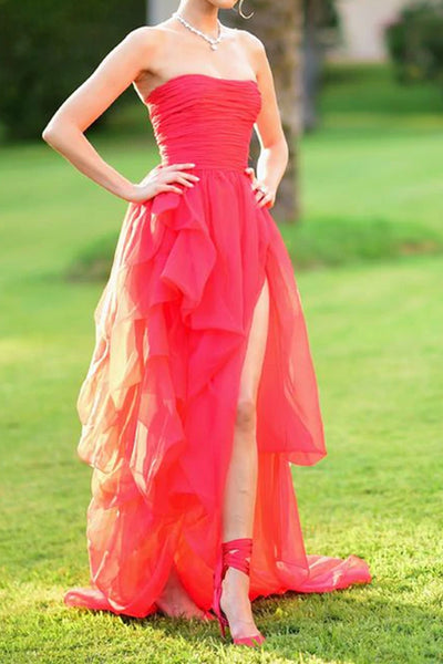 High Low Strapless Red Tulle Long Prom Dresses with Train, Red Tulle Formal Graduation Evening Dresses with High Slit