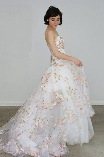 High Low Strapless White Floral Long Prom Dresses, High Low White Formal Dresses, White Evening Dresses with 3D Flowers