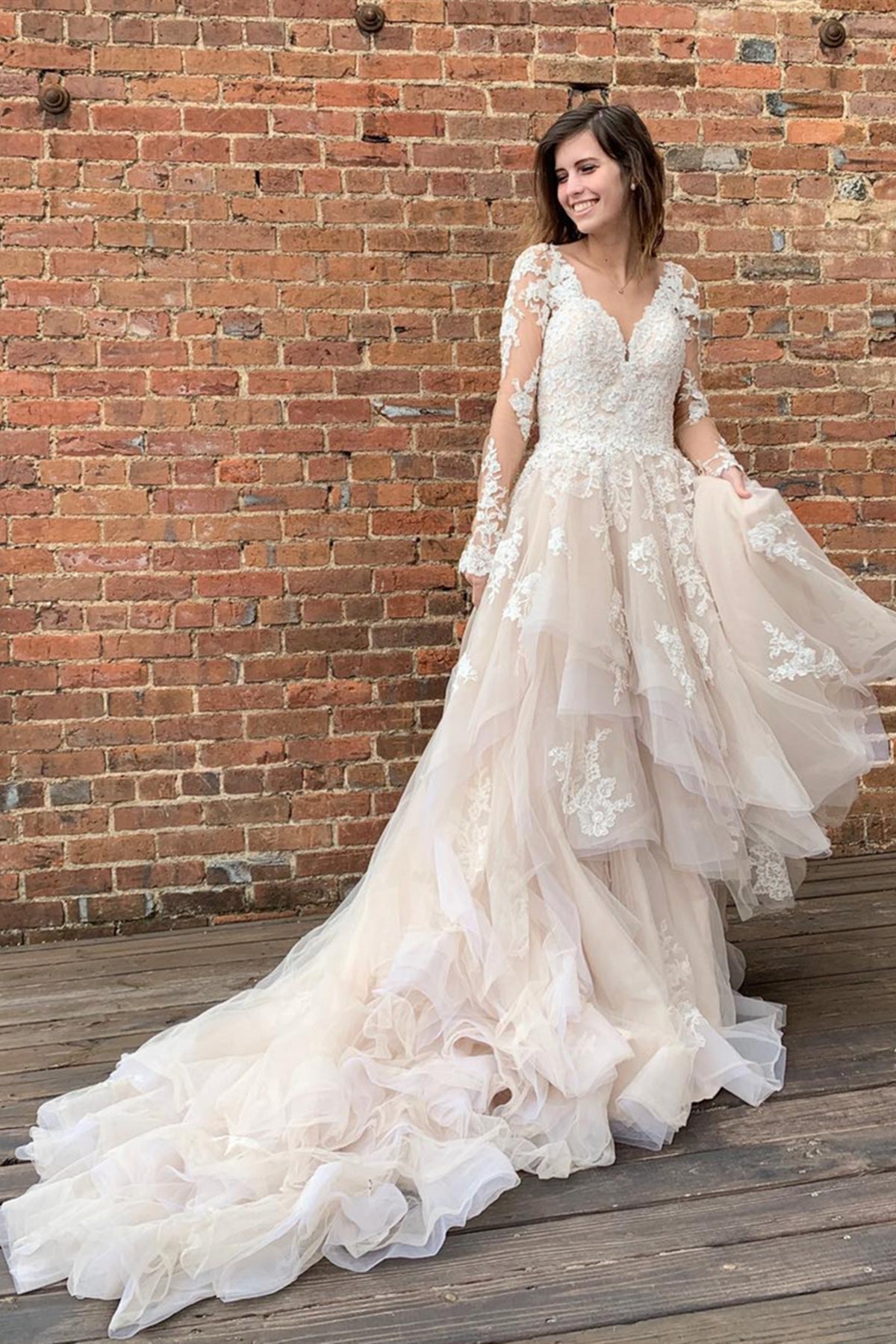 High Low V Neck Long Sleeve Champagne Lace Prom Wedding Dresses with Train, Long Champagne Lace Formal Evening Dresses
