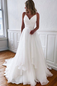 High Low V Neck White Chiffon Long Prom Dresses, V Neck White Formal Evening Dresses