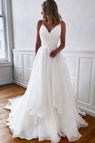 High Low V Neck White Chiffon Long Prom Dresses, V Neck White Formal Evening Dresses