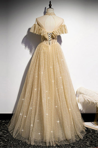 High Neck Golden Tulle Long Prom Dresses, Shiny Gold Formal Evening Dresses