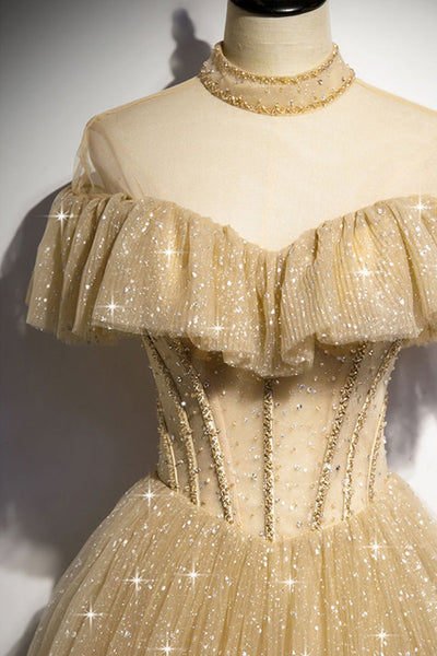 High Neck Golden Tulle Long Prom Dresses, Shiny Gold Formal Evening Dresses