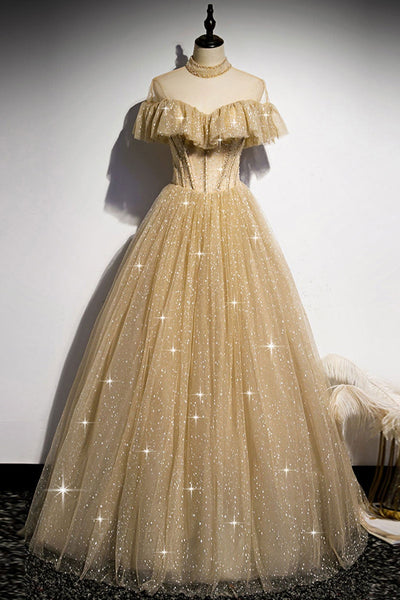 High Neck Golden Tulle Long Prom Dresses, Shiny Gold Formal Evening Dresses
