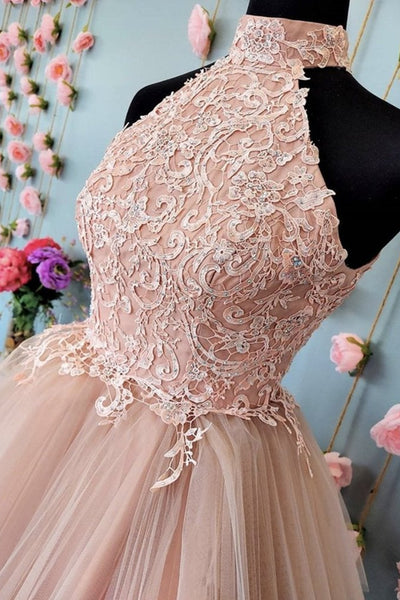 High Neck Open Back Champagne Lace Short Prom Dresses, Champagne Lace Homecoming Dresses, Champagne Formal Evening Dresses