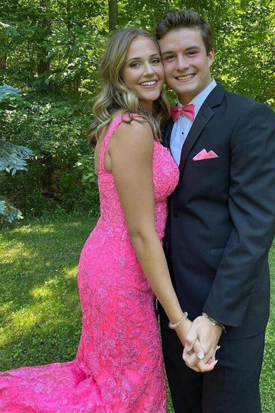 Hot Pink Lace A Line Long Prom Dresses, Hot Pink Lace Formal Dresses, Hot Pink Evening Dresses WT1138