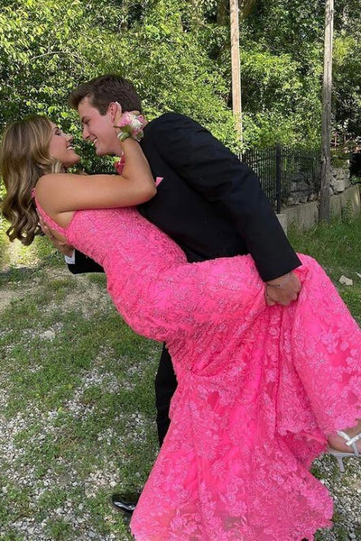 Hot Pink Lace A Line Long Prom Dresses, Hot Pink Lace Formal Dresses, Hot Pink Evening Dresses WT1138