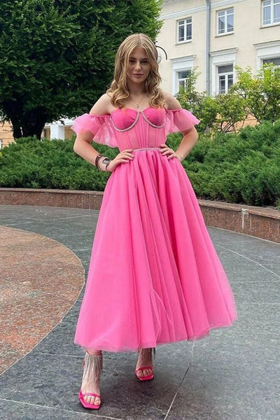 Hot Pink Tulle Off the Shoulder Tea Length Prom Dresses, Off Shoulder Homecoming Dresses, Hot Pink Formal Graduation Evening Dresses WT1170