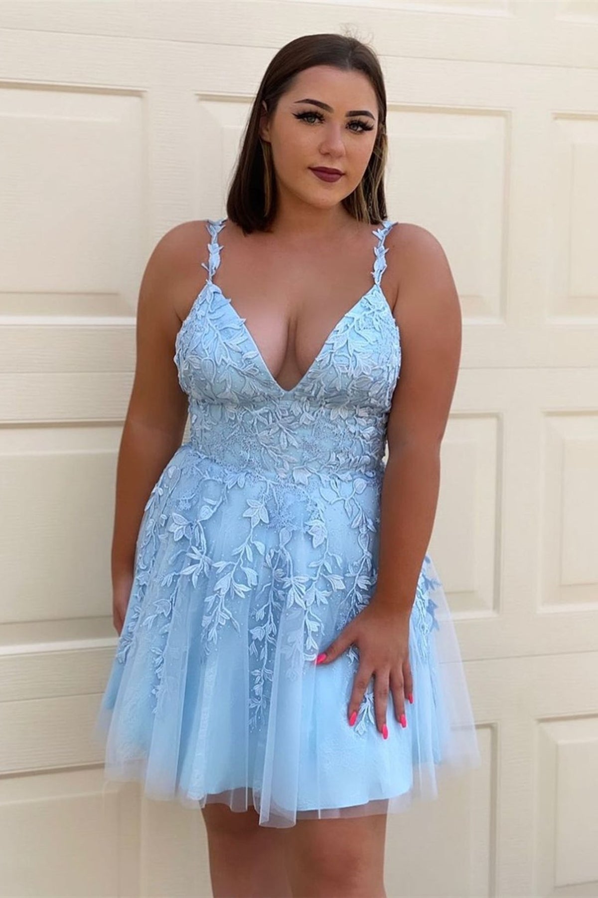 Light Blue A Line V Neck Lace Short Prom Dresses, Blue Lace Homecoming Dresses, Blue Formal Evening Dresses WT1032