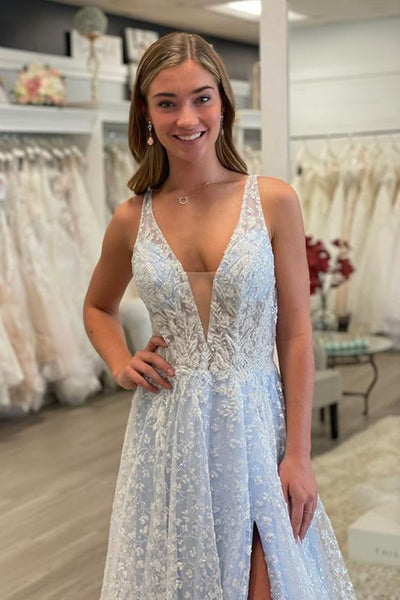 Light Blue Lace A Line V Neck Long Prom Dresses with High Slit, Light Blue Lace Formal Evening Dresses WT1140