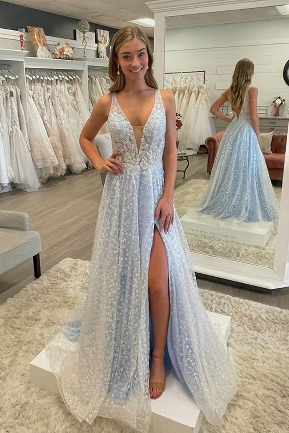 Light Blue Lace A Line V Neck Long Prom Dresses with High Slit, Light Blue Lace Formal Evening Dresses WT1140