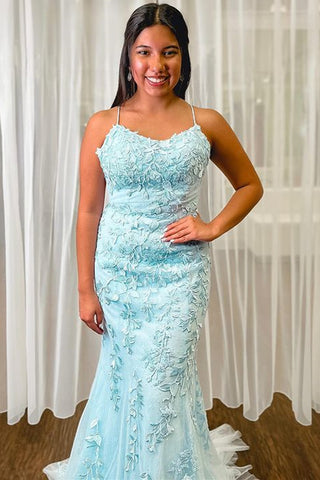 Light Blue Lace Backless Mermaid Long Prom Dresses, Light Blue Lace Formal Dresses, Light Blue Evening Dresses WT1208