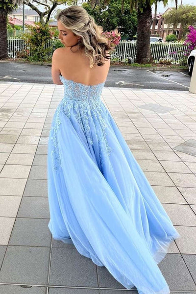 Light Blue Tulle Sweetheart Neck Strapless Lace Long Prom Dresses, Light Blue Lace Formal Graduation Evening Dresses WT1117